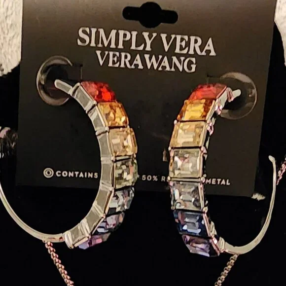 VERA WANG Mod/Contemporary Silver Rainbow Crystal Chunky Hoop Earrings**NEW! - Picture 1 of 2